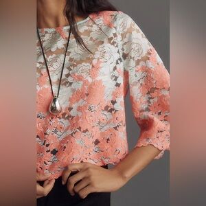 Anthropologie Eva Franco Floral Lace Women Top - Coral and Baby Blue